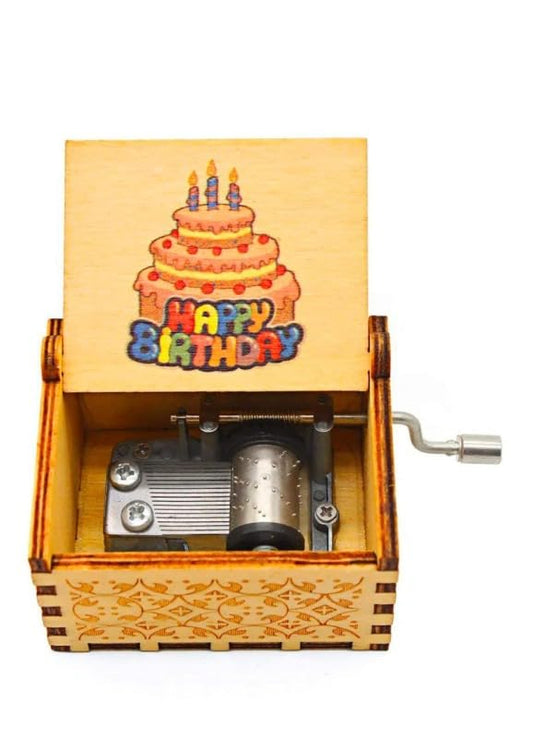 Happy Brithday Cake Wooden Vintage Hand Crank Music Box - Engraved Music Box Kids Toy Desk Decoration