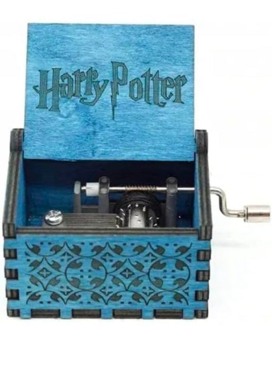 HP Theme - Blue Wooden Vintage Hand Crank Music Box - Engraved Music Box Kids Toy Desk Decoration