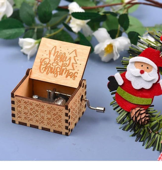 Merry Christmas Wooden Vintage Hand Crank Music Box - Engraved Music Box Kids Toy Desk Decoration