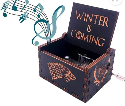 GOT- Winter is Coming Black Wooden Vintage Hand Crank Music Box - Engraved Music Box Kids Toy Desk Decoration