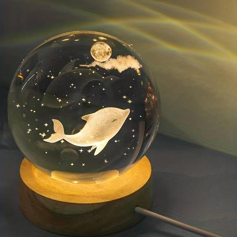 Dolphin Cloud 3D Crystal Ball Luminous Lamp with Wooden Base | 3D laser engraving inside crystal ball | Warm White Light |