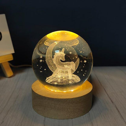 Unicorn on Moon 3D Crystal Ball Luminous Lamp with Wooden Base | 3D laser engraving inside crystal ball | Warm White Light |