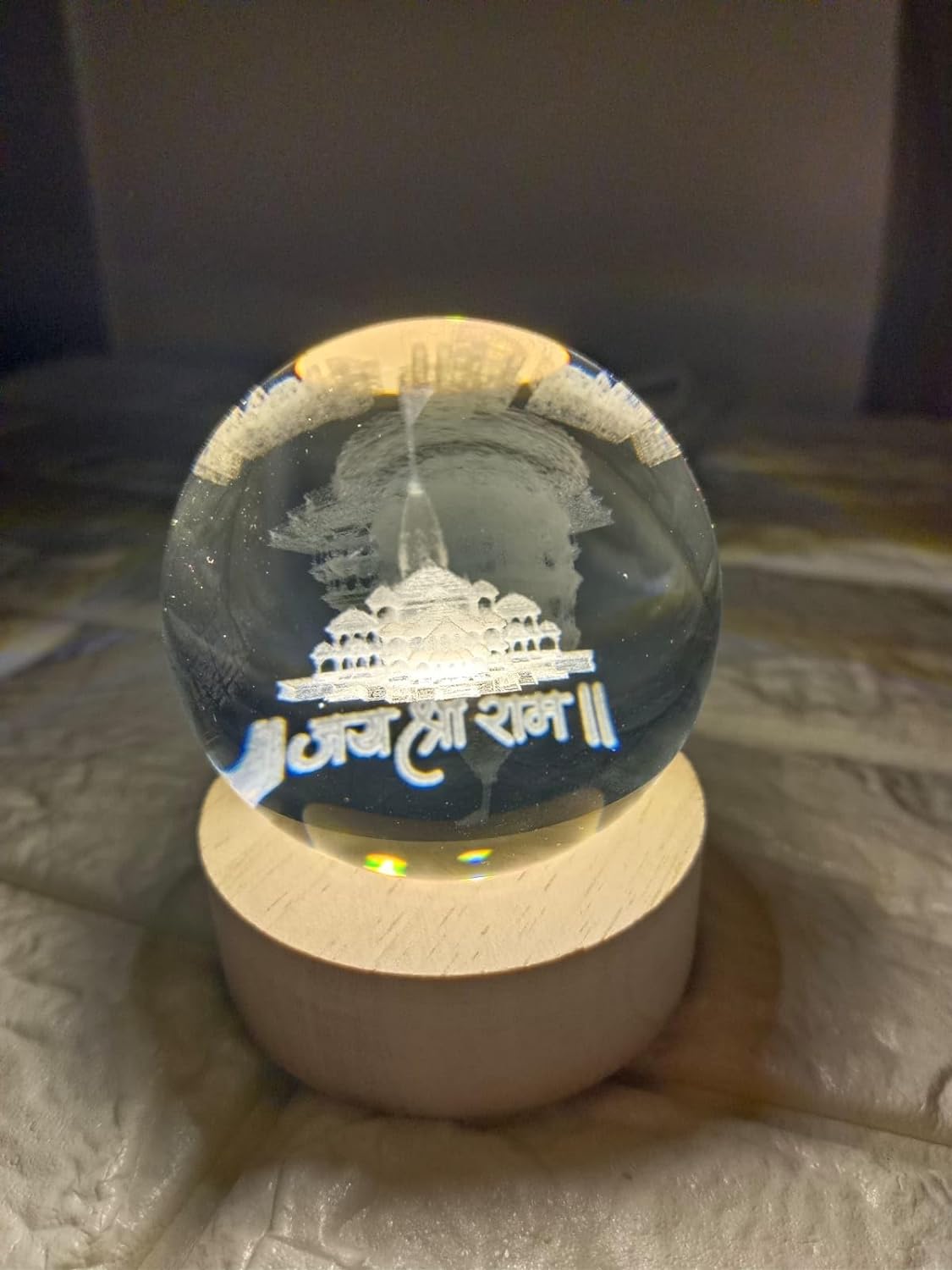 "Ram Mandir / Ayodhya" 3D Crystal Ball Luminous Lamp with Wooden Base | 3D laser engraving inside crystal ball | Warm White Light |