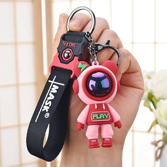 Astronaut Bear red Keychain with Loop and Hook Key Chain Bag Hanging Keyring