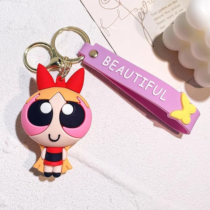 The Powerpuff Girls Keychain with Loop and Hook Key Chain Bag Hanging Keyring | Red