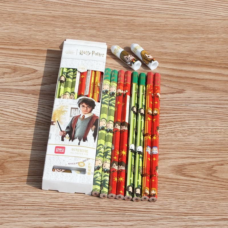 Harry Potter HB Pencils| 1 Sets Of 12 Pencils And 2 Pencil Protectors | Wizard Kid Memorabilia | Potter Heads | 6 Green & 6 Red Pencils & 2 Pencil Caps | 1 Box