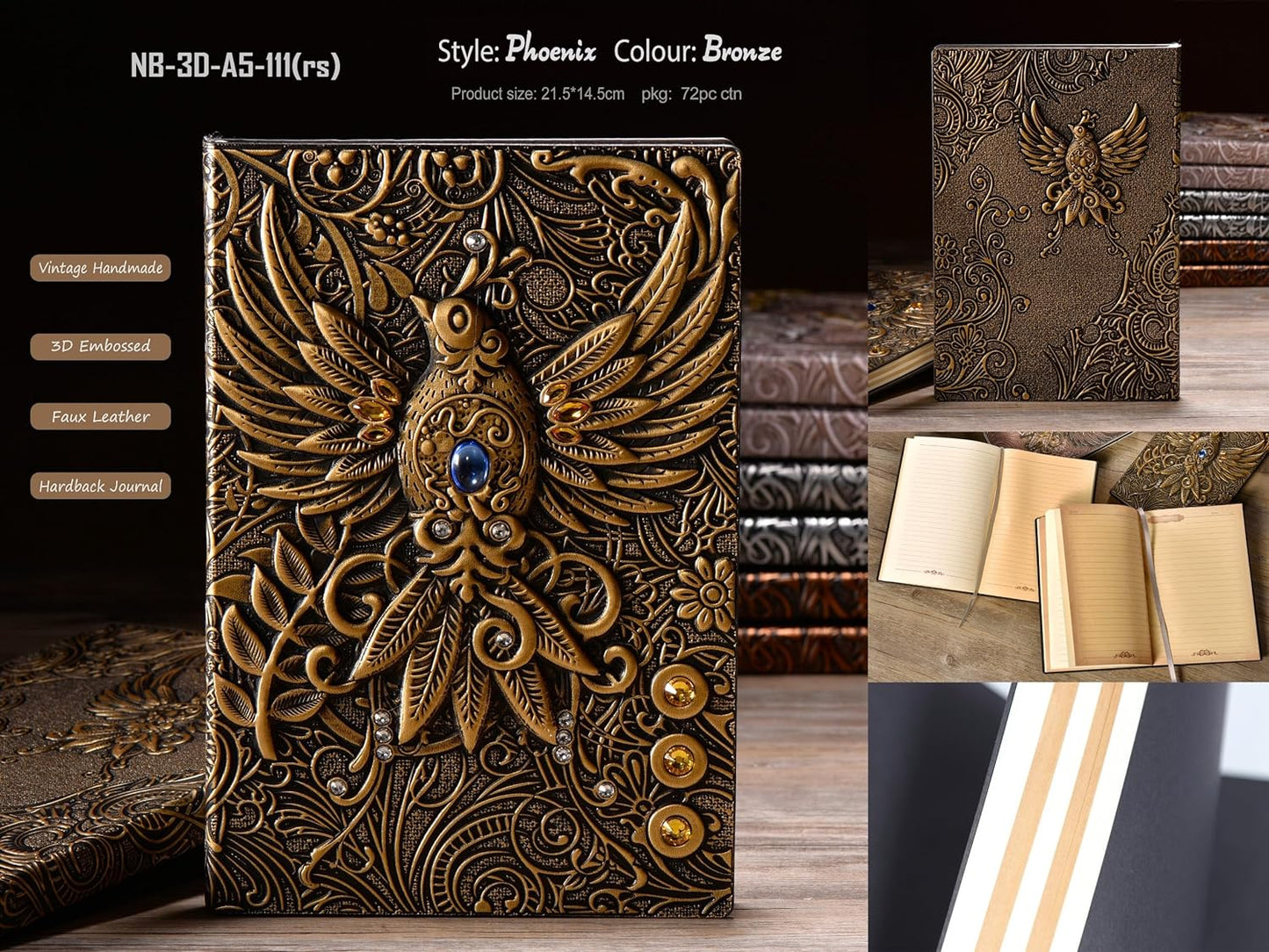 Phoenix 3D Embossed Hardcover Diary, Vintage Notebook, A5 Personal Organiser Journal Travel Diary with Lined Paper Birthday Gift for Women & Men & Nerdy (Copper)