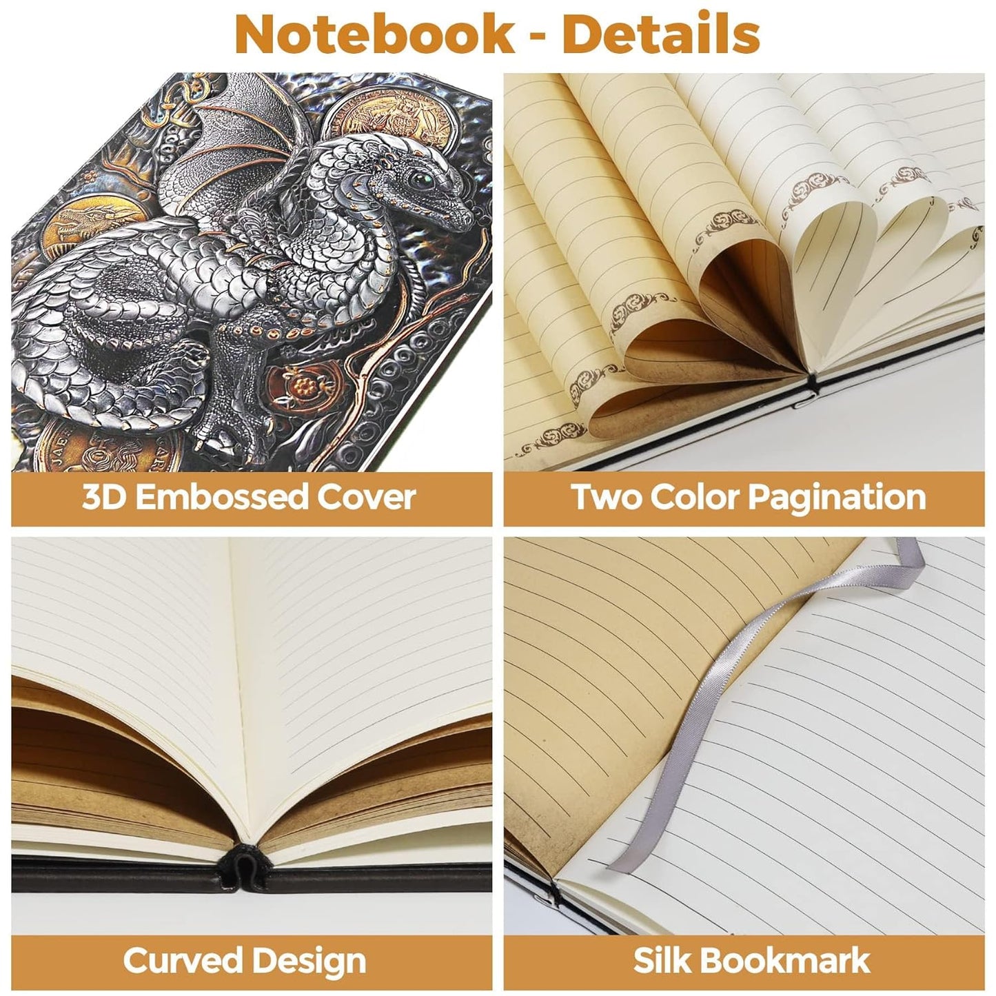 Dragon 3D Embossed Hardcover Diary, Vintage Notebook, A5 Personal Organiser Journal Travel Diary with Lined Paper Birthday Gift for Women & Men & Nerdy (Colorfull)