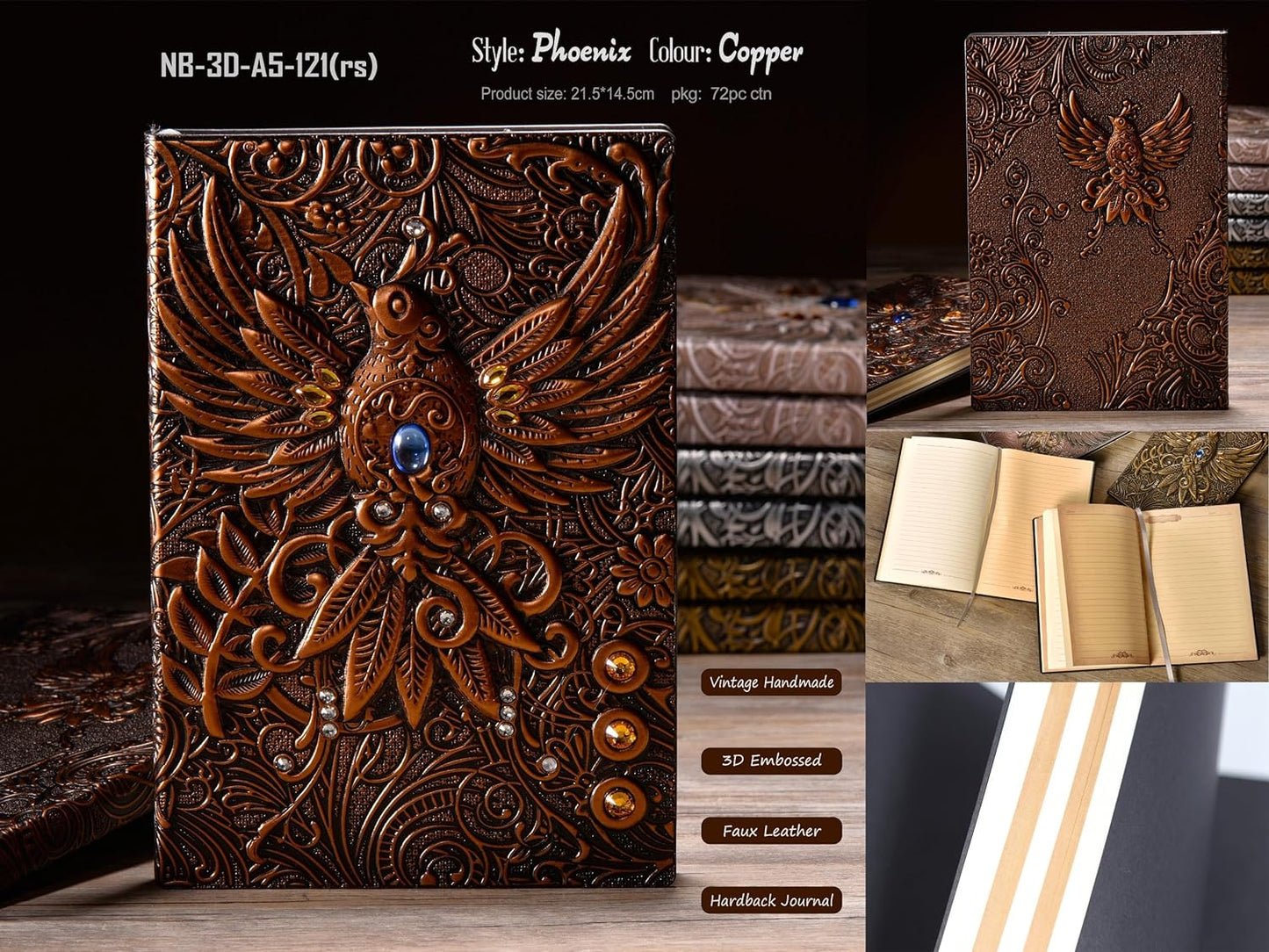 Phoenix 3D Embossed Hardcover Diary, Vintage Notebook, A5 Personal Organiser Journal Travel Diary with Lined Paper Birthday Gift for Women & Men & Nerdy (Bronze)