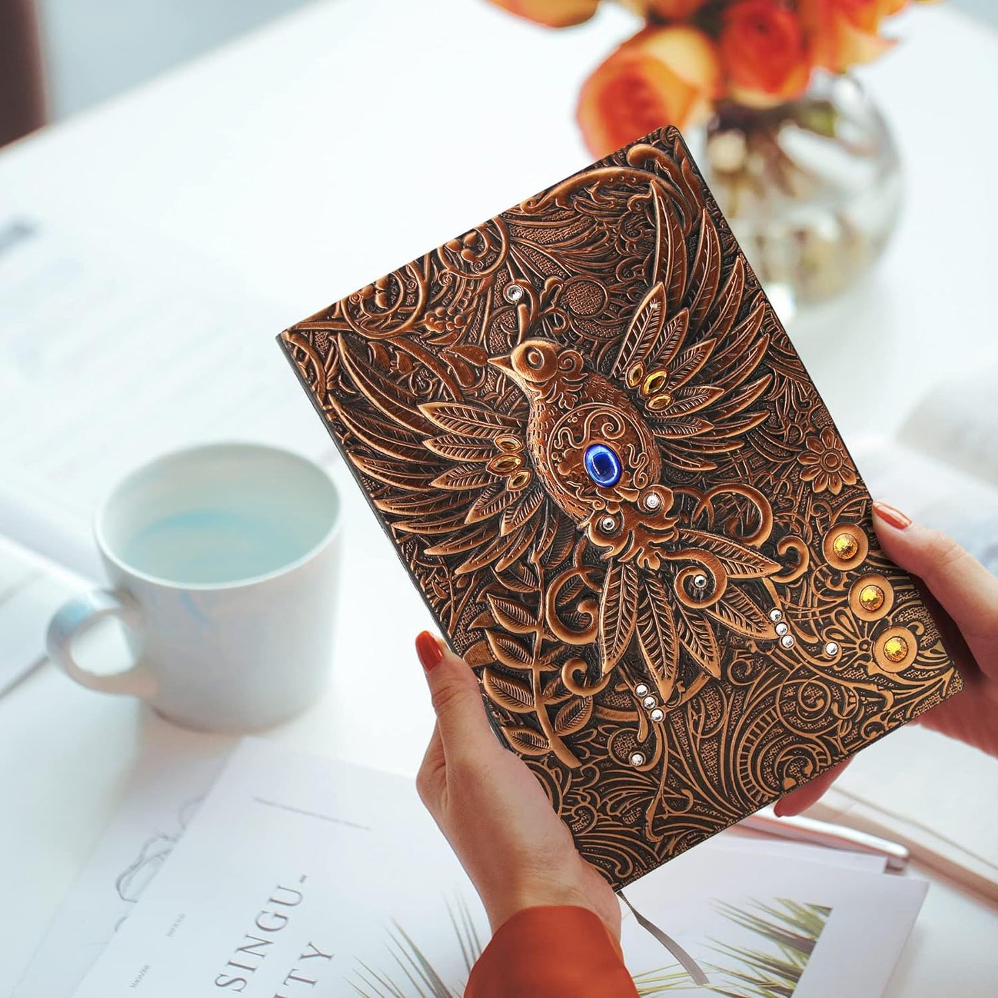 Phoenix 3D Embossed Hardcover Diary, Vintage Notebook, A5 Personal Organiser Journal Travel Diary with Lined Paper Birthday Gift for Women & Men & Nerdy (Bronze)