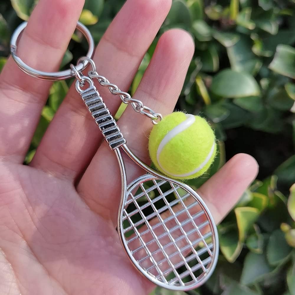 Tennis Ball Racket Charm Keychain Mini Metal Tennis Racket Keychain