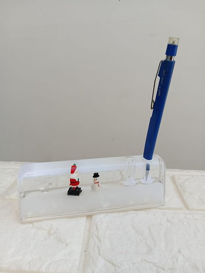 Floating Pen Stand and Desk Showpiece, Liquid-Filled Pen Holder, Decorative for Office and Home, Study, or Workspace (Santa Claus & Christmas Snowman White) Size- 15X5 CM