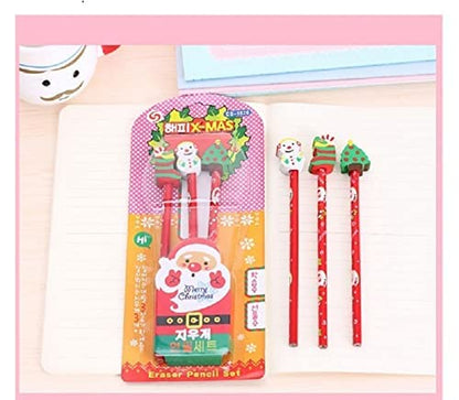 Christmas Pencils with Christmas Mini Erasers Xmas Wood Pencils for Kids Xmas School Supplies, Party Favors, Classroom Rewards (Pack of 3)9 Pieces