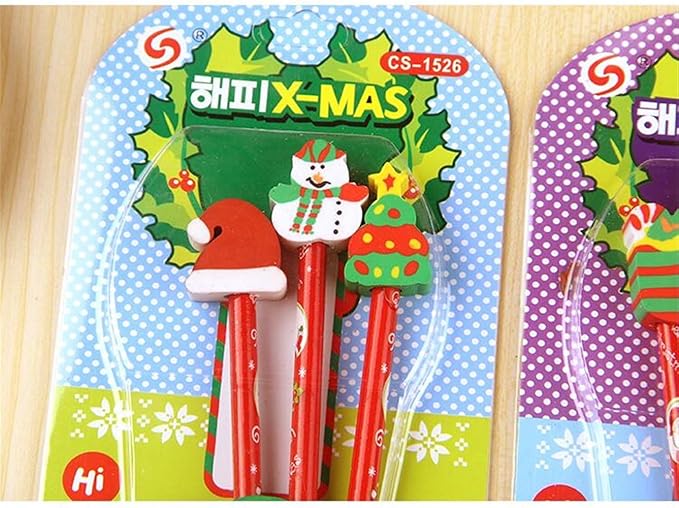 Christmas Pencils with Christmas Mini Erasers Xmas Wood Pencils for Kids Xmas School Supplies, Party Favors, Classroom Rewards (Pack of 3)9 Pieces