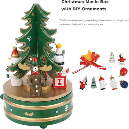 Christmas Music Box with DIY Ornaments, Rotating Wooden Musical Box, Hand Cranked Musical Boxes Christmas Decoration, Cute Tune Box Gifts for Kids and Friend - Xmas Tree | Style (Green)