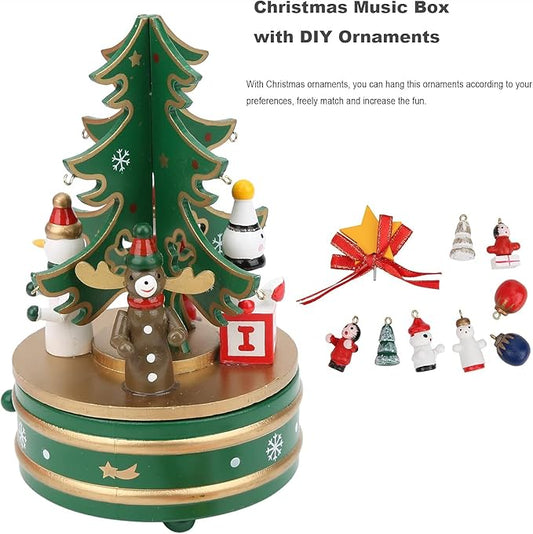 Christmas Music Box with DIY Ornaments, Rotating Wooden Musical Box, Hand Cranked Musical Boxes Christmas Decoration, Cute Tune Box Gifts for Kids and Friend - Xmas Tree | Style (Green)