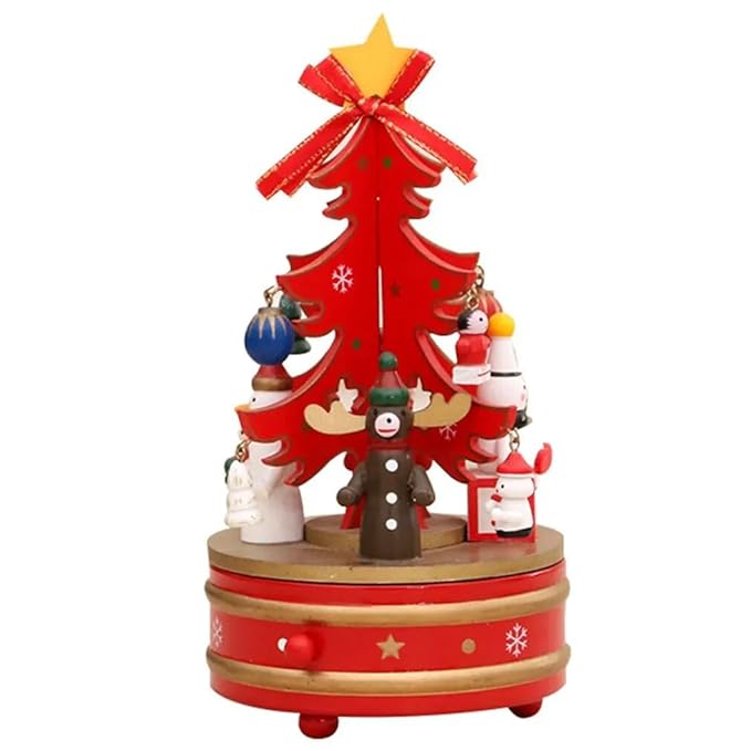 Christmas Music Box with DIY Ornaments, Rotating Wooden Musical Box, Hand Cranked Musical Boxes Christmas Decoration, Cute Tune Box Gifts for Kids and Friend - Xmas Tree | Style (Red)