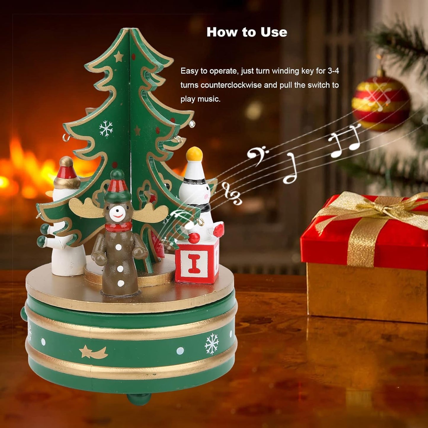 Christmas Music Box with DIY Ornaments, Rotating Wooden Musical Box, Hand Cranked Musical Boxes Christmas Decoration, Cute Tune Box Gifts for Kids and Friend - Xmas Tree | Style (Green)