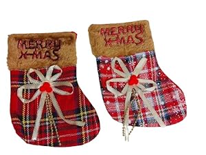 Set of 2 Christmas Stocking Gift Bag, Small Size, Santa Claus Gift Candy Socks, Hanging Ornament for Christmas Eve | Size 7x5 inches | Style A