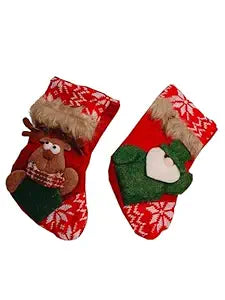 Set of 2 Christmas Stocking Gift Bag, Medium Size, Santa Claus Gift Candy Socks, Hanging Ornament for Christmas Eve | Size 9x6 inches | Style B