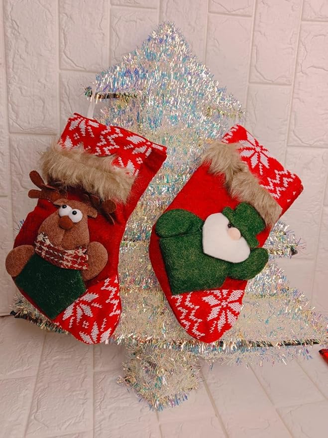 Set of 2 Christmas Stocking Gift Bag, Medium Size, Santa Claus Gift Candy Socks, Hanging Ornament for Christmas Eve | Size 9x6 inches | Style B