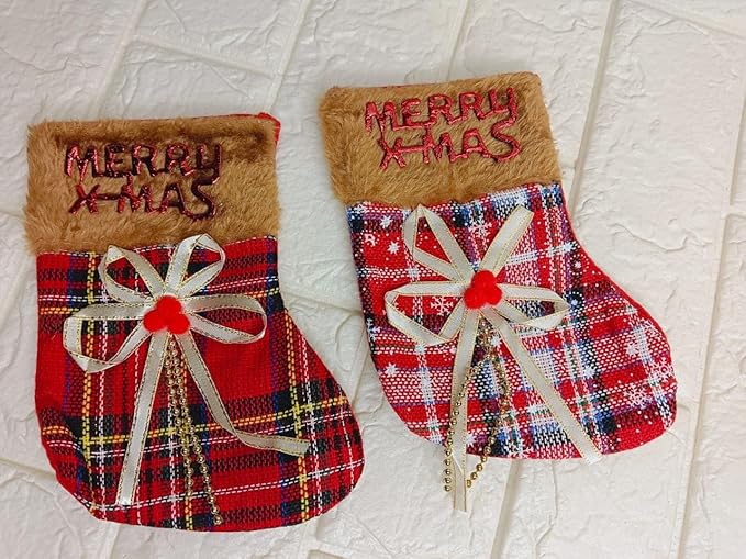 Set of 2 Christmas Stocking Gift Bag, Small Size, Santa Claus Gift Candy Socks, Hanging Ornament for Christmas Eve | Size 7x5 inches | Style A