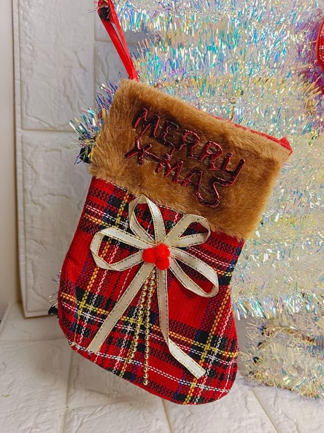 Set of 2 Christmas Stocking Gift Bag, Small Size, Santa Claus Gift Candy Socks, Hanging Ornament for Christmas Eve | Size 7x5 inches | Style A