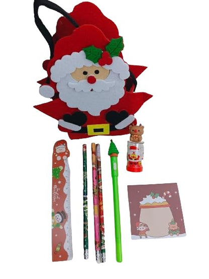 6-Piece Christmas Accessories Set with Felt Santa Bag, Magnetic Scale, Wooden Pencils, Gel Pen with Light, Pencil Sharpener, and Memo Pad | Joyful Jingle Combo