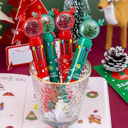 4 pcs Christmas Ballpoint Pens, Ballpoint Pen with Christmas Motif, 10-in-1 Retractable Roller Ball Multicoloured Pens, Office School Supplies Students Children Gift
