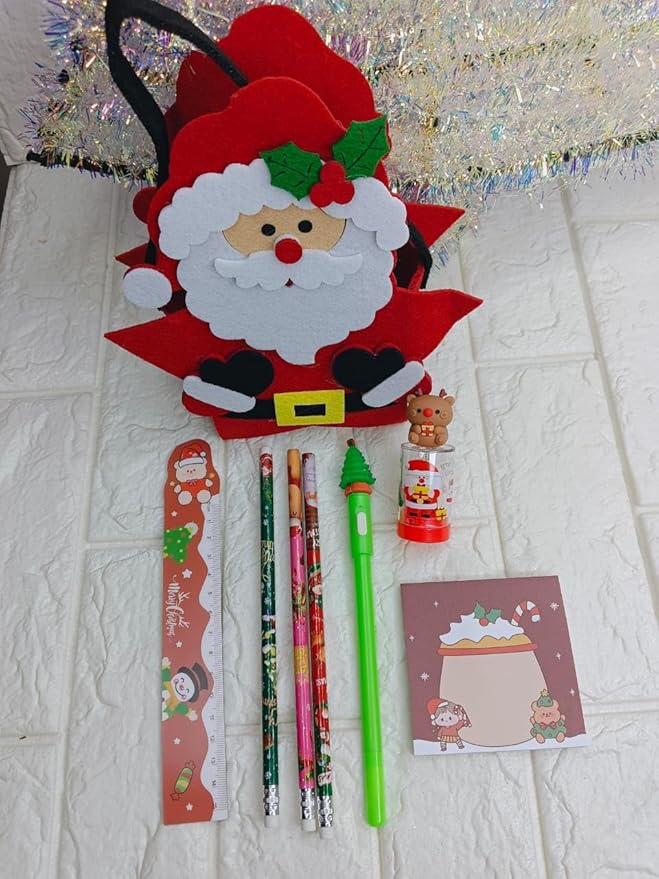 6-Piece Christmas Accessories Set with Felt Santa Bag, Magnetic Scale, Wooden Pencils, Gel Pen with Light, Pencil Sharpener, and Memo Pad | Joyful Jingle Combo