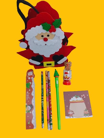 6-Piece Christmas Accessories Set with Felt Santa Bag, Magnetic Scale, Wooden Pencils, Gel Pen with Light, Pencil Sharpener, and Memo Pad | Joyful Jingle Combo