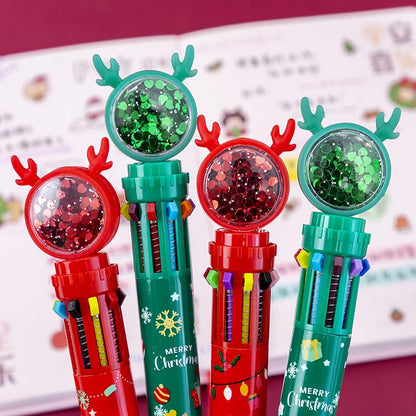 4 pcs Christmas Ballpoint Pens, Ballpoint Pen with Christmas Motif, 10-in-1 Retractable Roller Ball Multicoloured Pens, Office School Supplies Students Children Gift