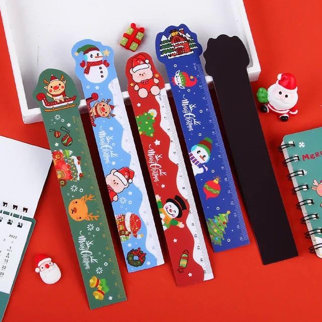 Set of 4 Magnetic Scales | Christmas Xmas Bookmarks Scales Holiday Christmas Ruler Magnetic Tool Kids Stationery Gift Portable Student Drawing Ruler| Size Approx 10 Inches