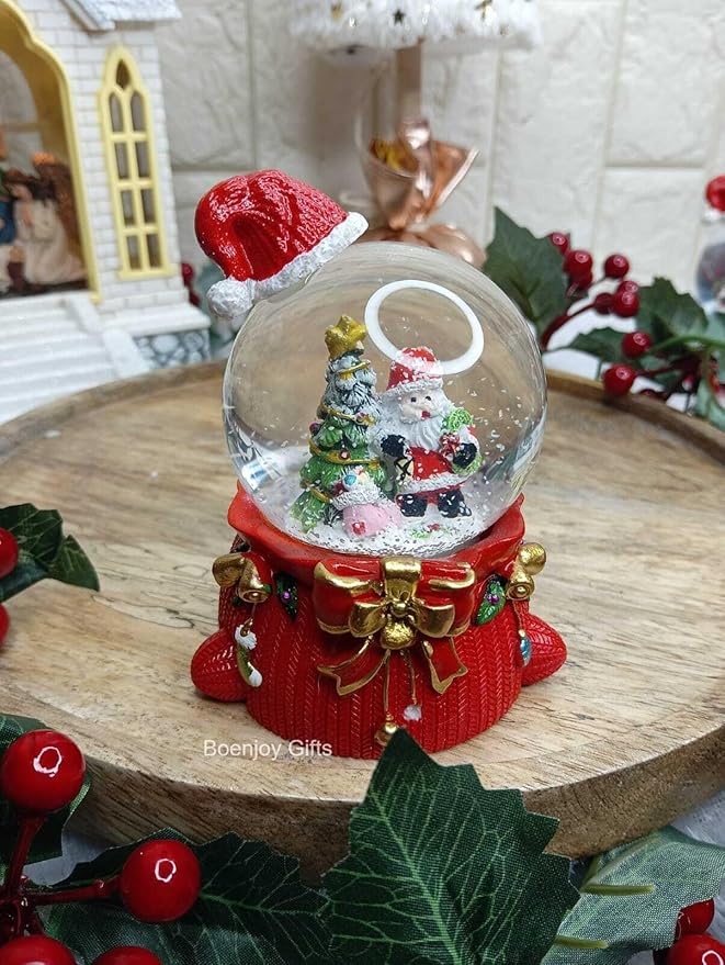 Christmas Santa Claus Snow Globe Glitter Dome Water Christmas Decoration, Santa with Tree A, Size Approx 8 cm (Only Light, No Music)