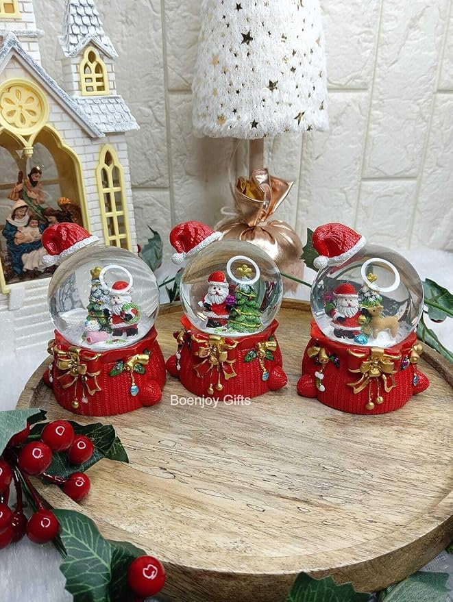 Christmas Santa Claus Snow Globe Glitter Dome Water Christmas Decoration, Santa with Tree B, Size Approx 8 cm (Only Light, No Music)