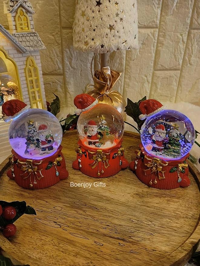 Christmas Santa Claus Snow Globe Glitter Dome Water Christmas Decoration, Santa with Tree B, Size Approx 8 cm (Only Light, No Music)