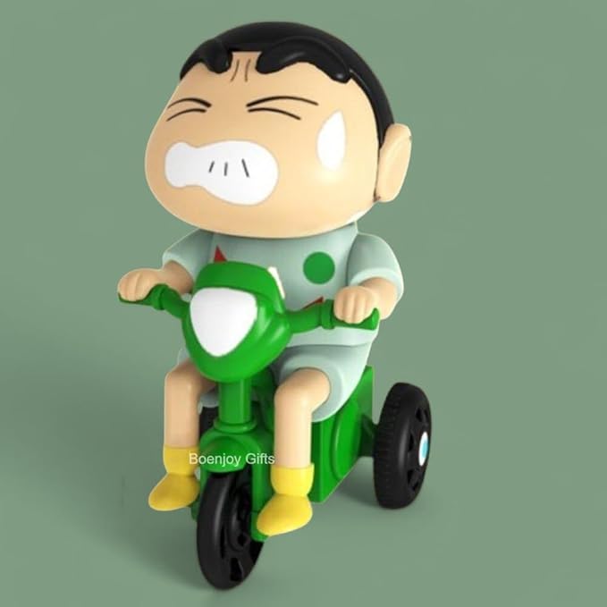 shinchan Movable Action Figure with Green Tricycle, 12 cm PVC Pull-Back Moving Toy | Fun Collectible for Kids & Anime Fans (Green)