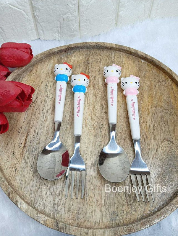 Hello Kitty Design, Spoon and Fork Set for Kids, Stainless Steel Child Flatware Set Dinner Cutlery Set for Lunch Box (20 cm, 4 Piece)