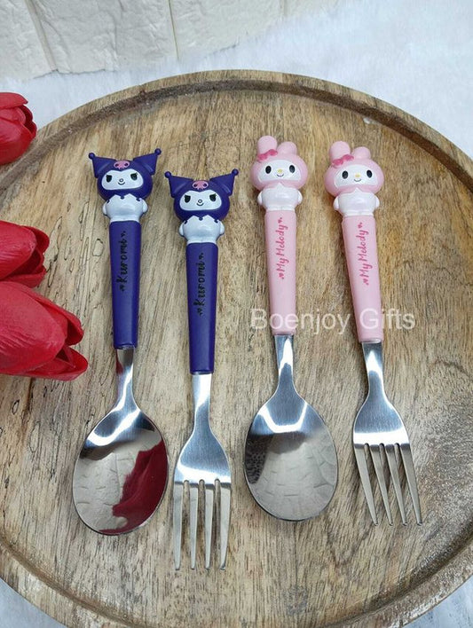 Kuromi and My Melody Design, Spoon and Fork Set for Kids, Stainless Steel Child Flatware Set Dinner Cutlery Set for Lunch Box (20 cm, 4 Piece)