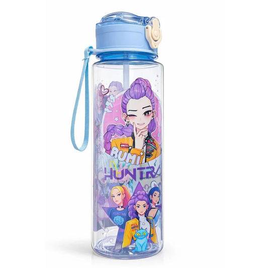K POP Demon Hunters Water Bottle with Straw, Transparent Bottle, Leakproof BPA-Free Plastic Bottle, School Bottle with Strap, 500 ml, Drinking Bottle for Boys & Girls (1 pc- Random Design)