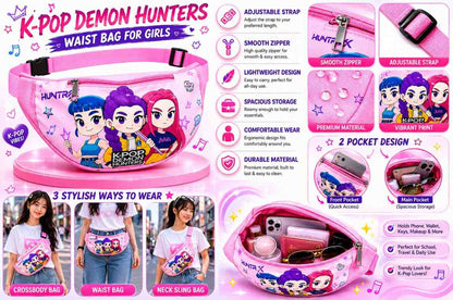 K-Pop Demon Hunters Waist Bag for Girls – Rumi, Mira & Zoey Cartoon Crossbody Sling Bag, Adjustable Travel Fanny Pack