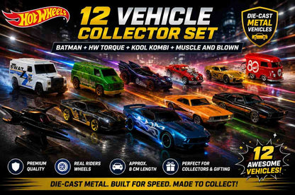 Hot Wheels 12-Piece Die-Cast Vehicle Collector Set | Batman, SWAT, Killer Croc, Catwoman, HW Torque, Muscle and Blown & Kool Kombi