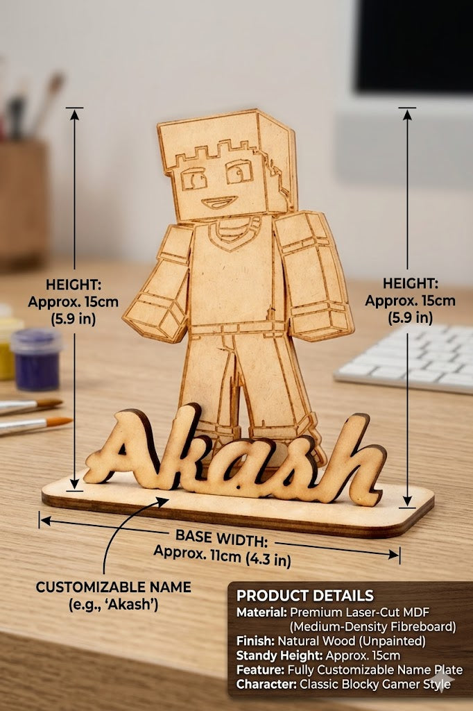 Custom Wooden Name Standy with Minecraft Character Design | Personalized Desk Decor | Unique Gift for Kids, Gamers & Home Decoration