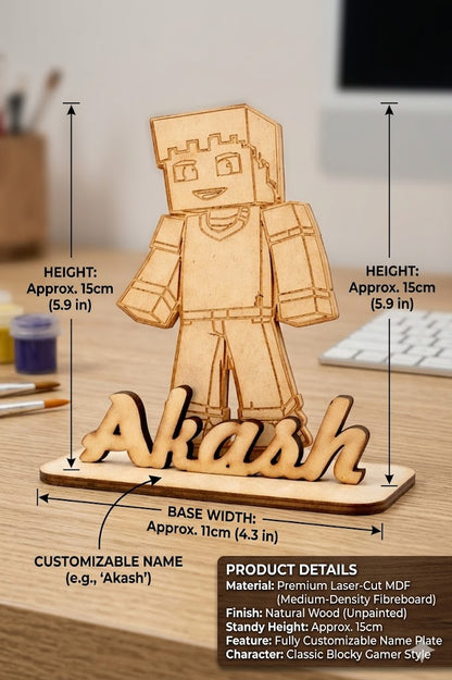 Custom Wooden Name Standy with Minecraft Character Design | Personalized Desk Decor | Unique Gift for Kids, Gamers & Home Decoration