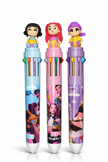 K POP Demon Hunters Multicolor 10-in-1 Retractable Pen Set with Cute Doll Topper | Cartoon Multi Ink Pen for Kids, School, Office & Gifts (Pack of 3)