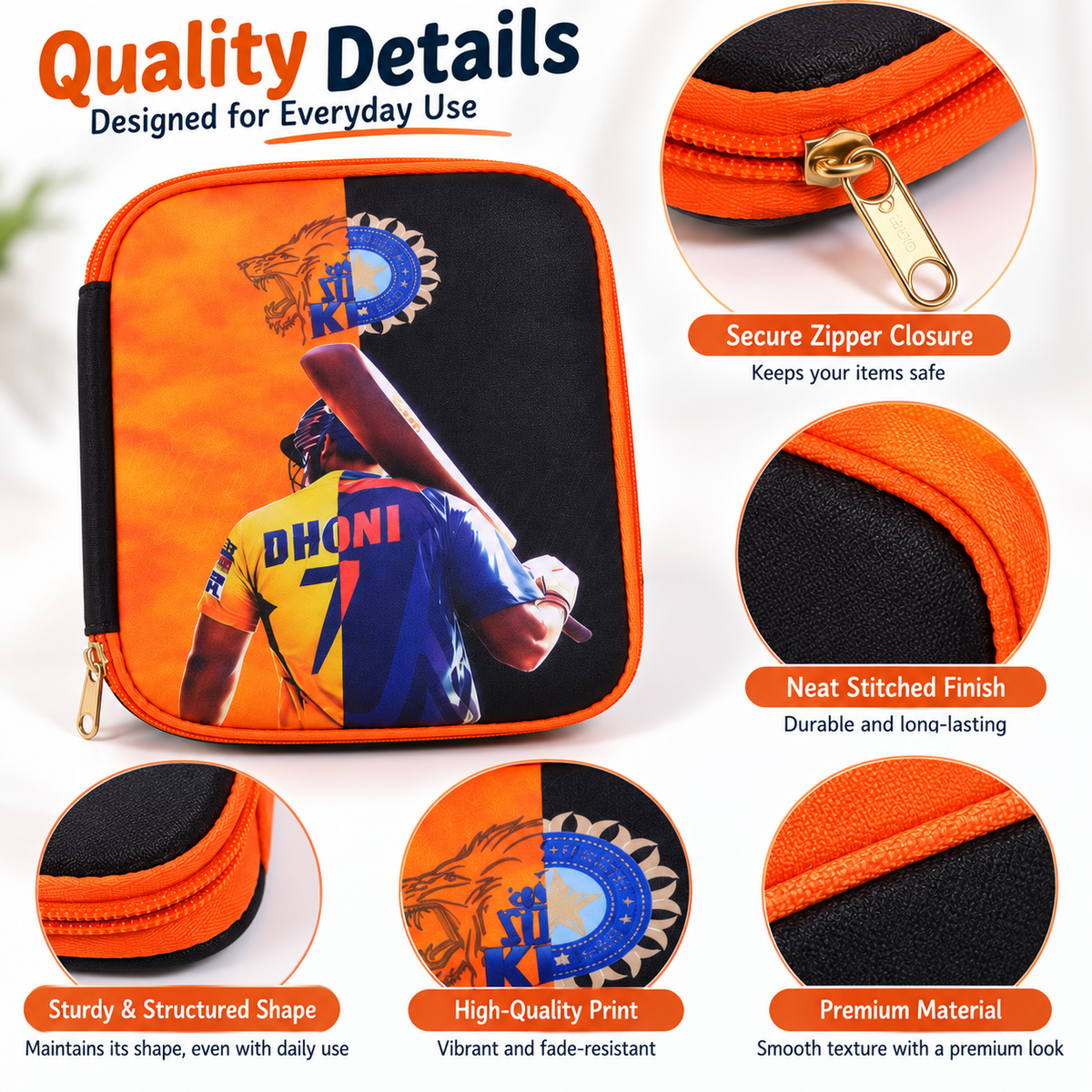 MS Dhoni Cricket Theme Pencil Pouch & Pencil Case | Dhoni 7 Cricket Stationery Organizer for Kids & Students | Sports School Pouch