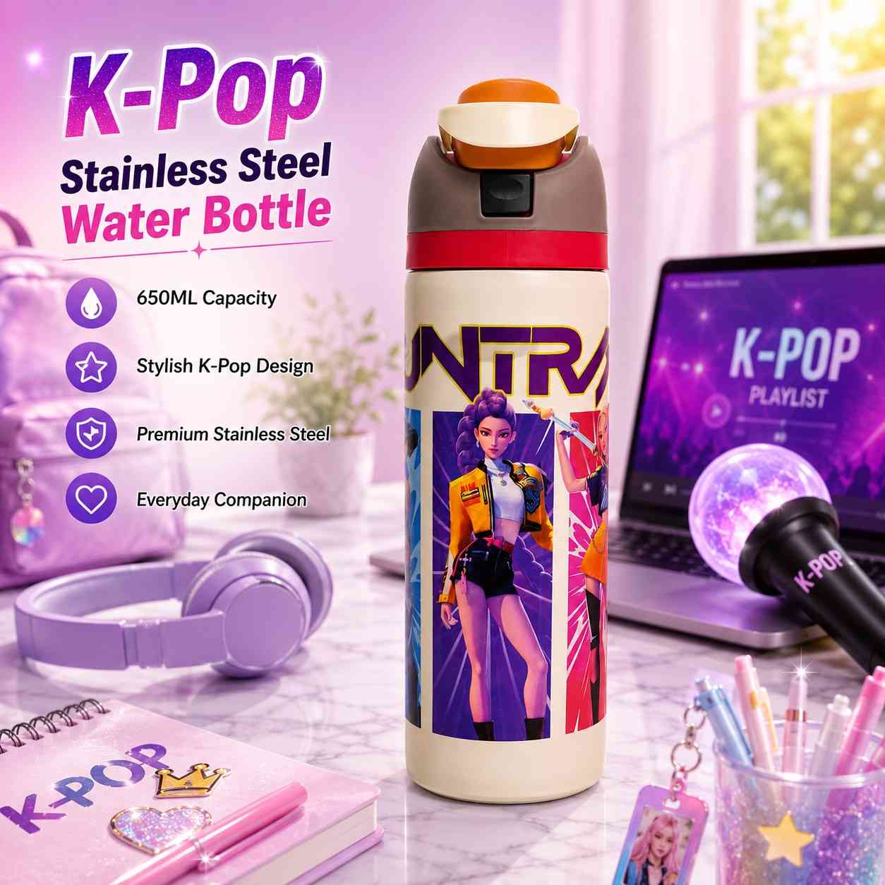 K Pop Demon Hunters Stainless Steel Water Bottle 650ML | Double Wall Vacuum Insulated | Leakproof Flip Lid | BPA Free | Random Design | 1 Pc