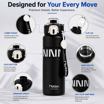 Motion Premium Stainless Steel Water Bottle 800ml – Leakproof Sports Bottle with Flip Lid, Safety Lock & Carry Strap