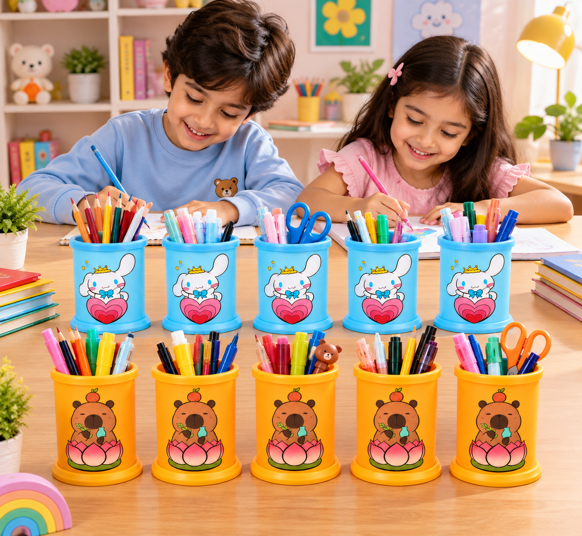 Cinnamoroll & Cute Bear Pen Stand Set of 10 Pieces, Colorful Plastic Pencil Holder & Desk Organizer for Kids, School & Stationery( Cod Not Available)