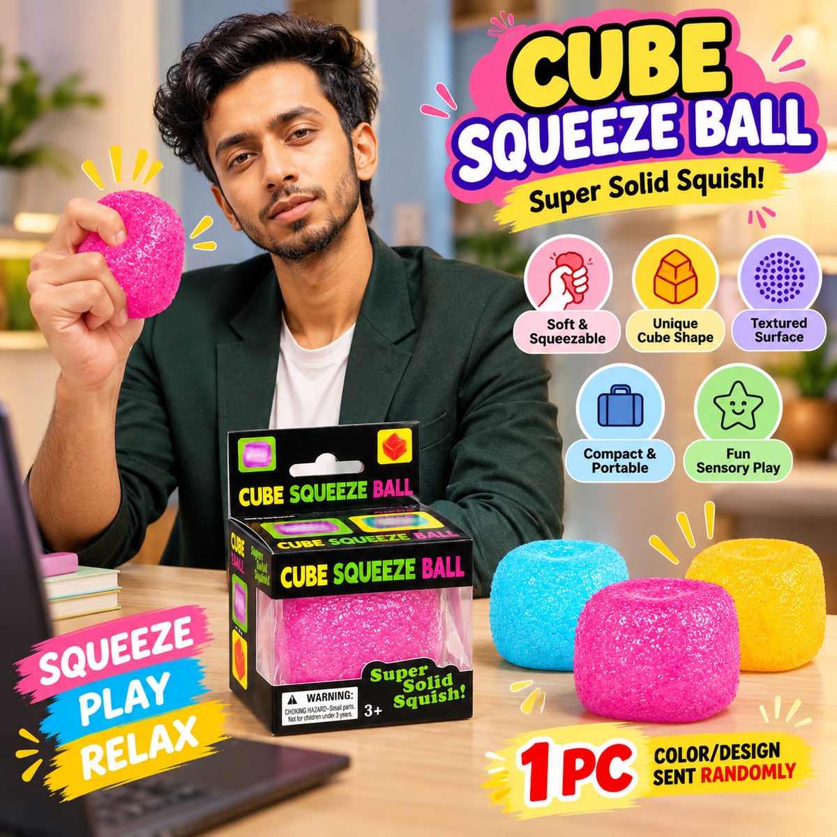 Cube Squeeze Ball Squishy – Soft Textured Sensory Fidget Toy for Kids & Adults | 1 Pc Random Color